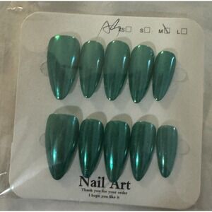 Shiny‎ Dark Green Chrome Almond  Press On Nails
